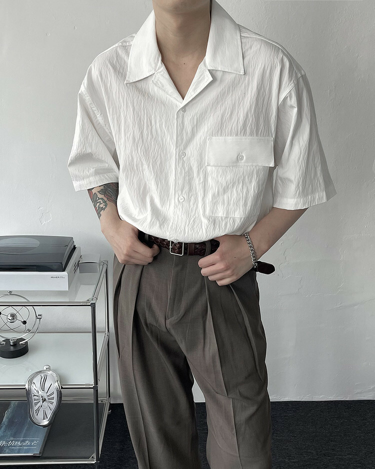 (韓國獨家特價) 人造絲口袋開領短袖襯衫