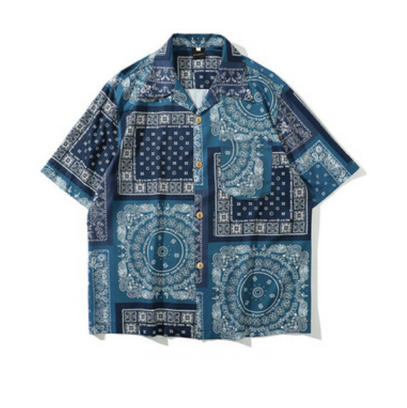 Retro cashew flower full print short-sleeved shirt (blue) [M-2XL size] [Contact customer service to confirm the shipping size after placing an order]