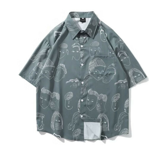 爆款印花短袖襯衫（灰藍色）【M-2XL碼】【下單後聯絡客服確認發貨尺碼】