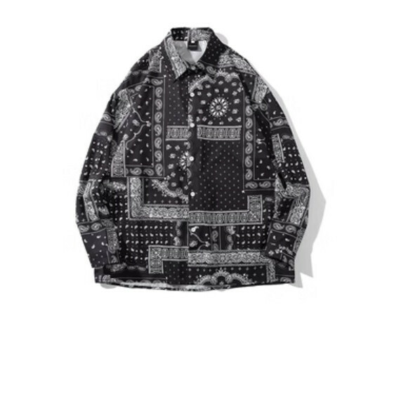 Retro cashew flower full print long-sleeved shirt (black) [M-2XL size] [Contact customer service to confirm the shipping size after placing an order]