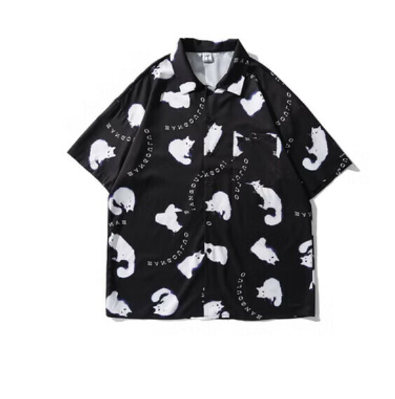 爆款夏季復古動物塗鴉短袖襯衫（黑色）【M-XL碼】【下單後聯絡客服確認發貨尺碼】