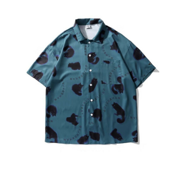 爆款夏季復古動物塗鴉短袖襯衫（藍色）【M-XL碼】【下單後聯絡客服確認發貨尺碼】