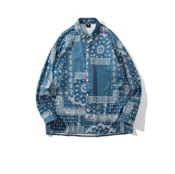 Retro cashew flower full print long-sleeved shirt (blue) [M-2XL size] [Contact customer service to confirm the shipping size after placing an order]