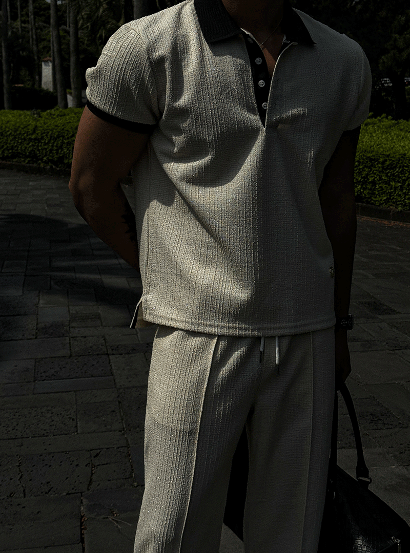 魅力粗花呢領子短袖T恤