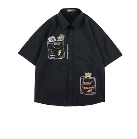 爆款復古印花短袖襯衫（黑色）【M-XL碼】【下單後聯絡客服確認發貨尺碼】