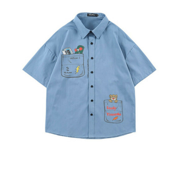 爆款復古印花短袖襯衫（藍色）【M-XL碼】【下單後聯絡客服確認發貨尺碼】