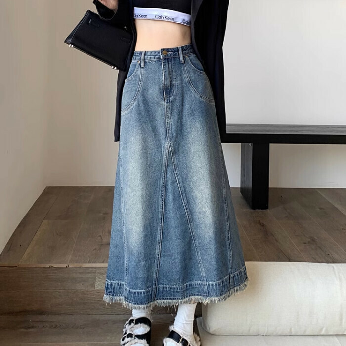 Hot selling raw edge denim skirt (S-XL size) (retro blue) (contact customer service after placing the order to confirm the delivery size)