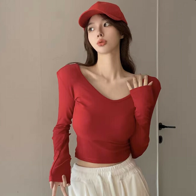 Hot Selling V Neck Long Sleeve T-Shirt (One Size) (Red)