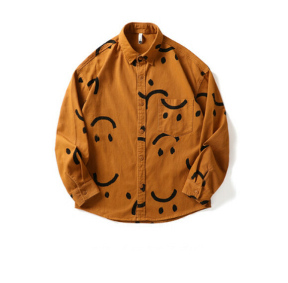 Retro Smiley Face Full Print Long Sleeve Shirt (Yellow) [M-3XL Size] [Contact Customer Service to Confirm Shipping Size After Placing an Order]