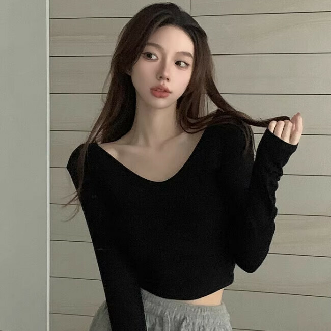 Hot Selling V Neck Long Sleeve T-Shirt (One Size) (Black)