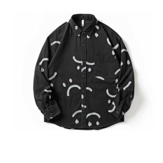 Retro Smiley Face Full Print Long Sleeve Shirt (Black) [M-3XL Size] [Contact Customer Service to Confirm Shipping Size After Placing an Order]