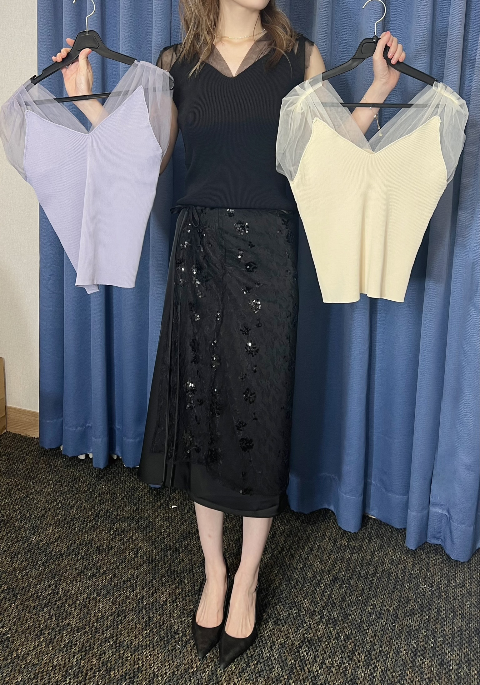 時髦亮片紗質綁帶裁片+緞面裙SET