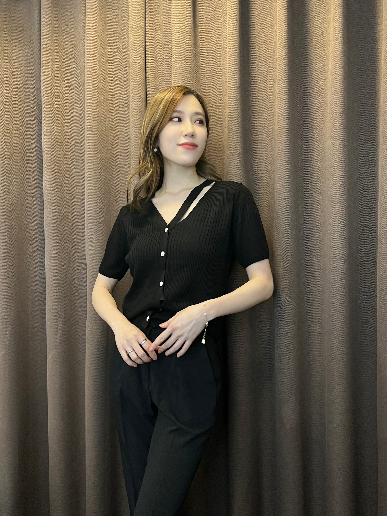 前繫帶短袖開襟衫