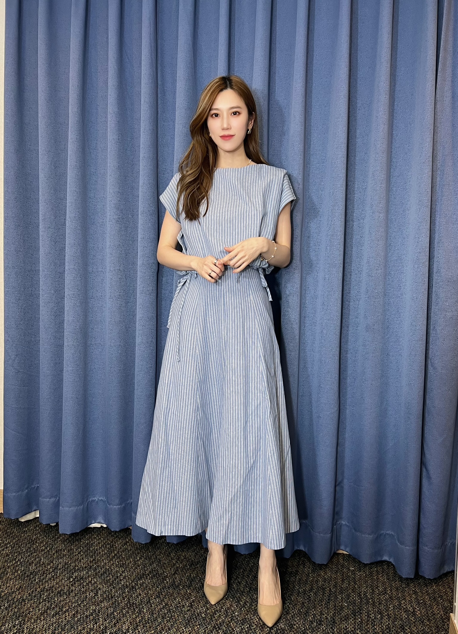 條紋綁帶短袖傘裙SET