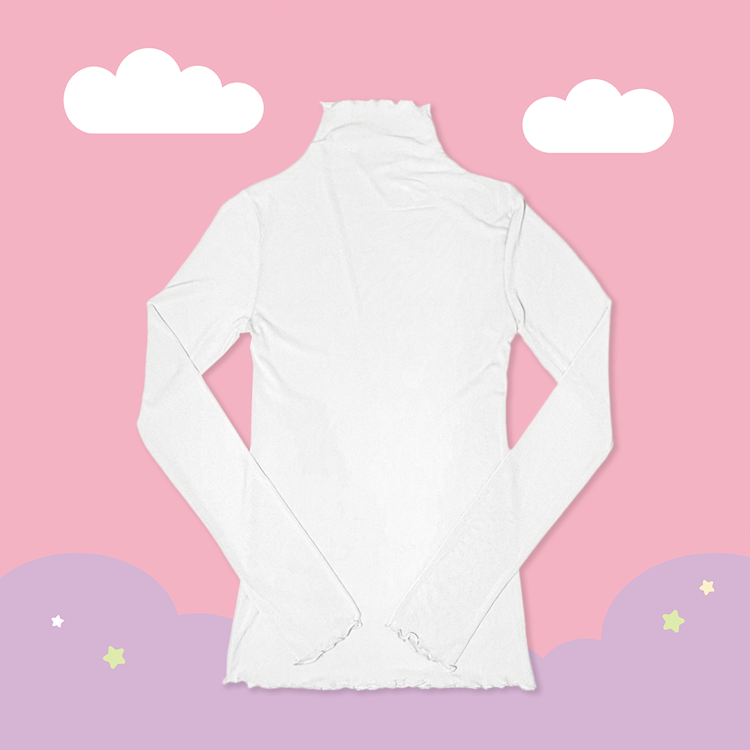 こ♡こ 微高領捲邊網紗透膚上衣