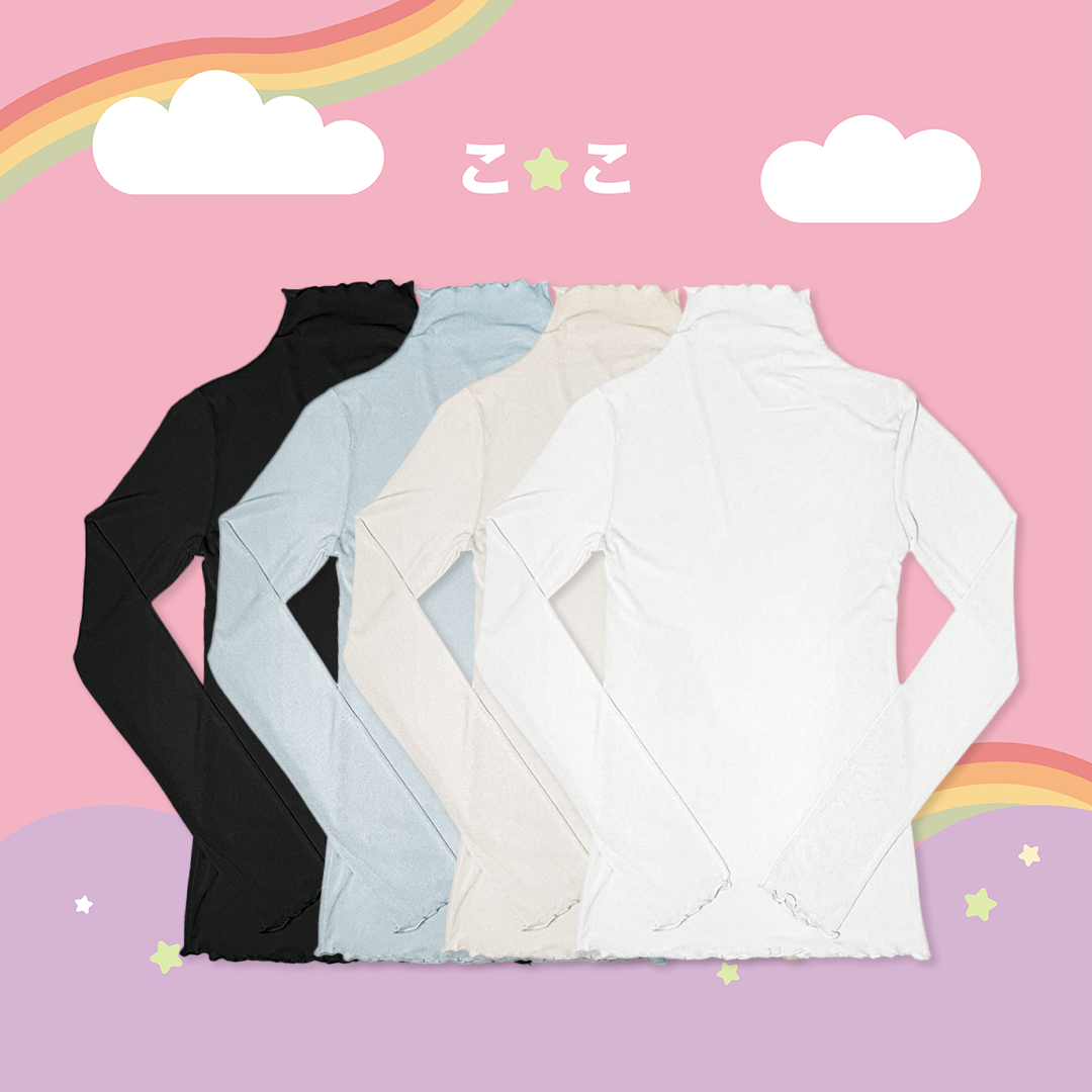 こ♡こ 微高領捲邊網紗透膚上衣