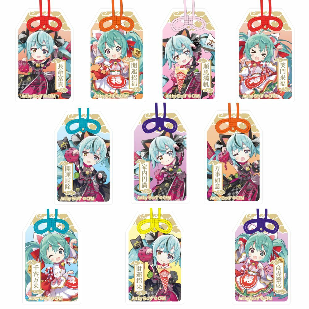 預購-「初音未來×招財貓」 御守風壓克力鑰匙圈 Art by らっす 黒貓　（舉起左手與可麗餅）【日本進口精品】