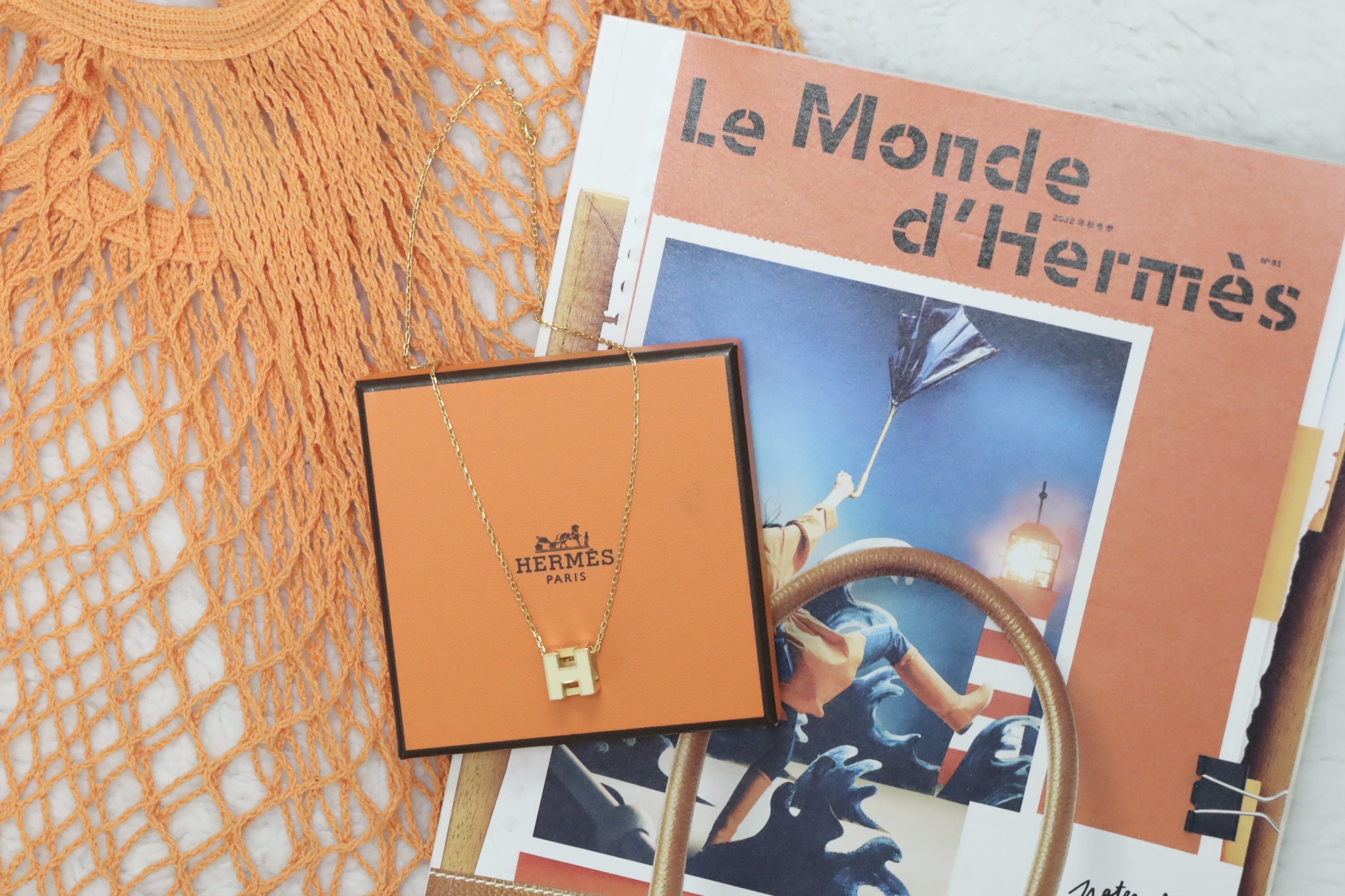 Hermes方型米白金色頸鏈😍