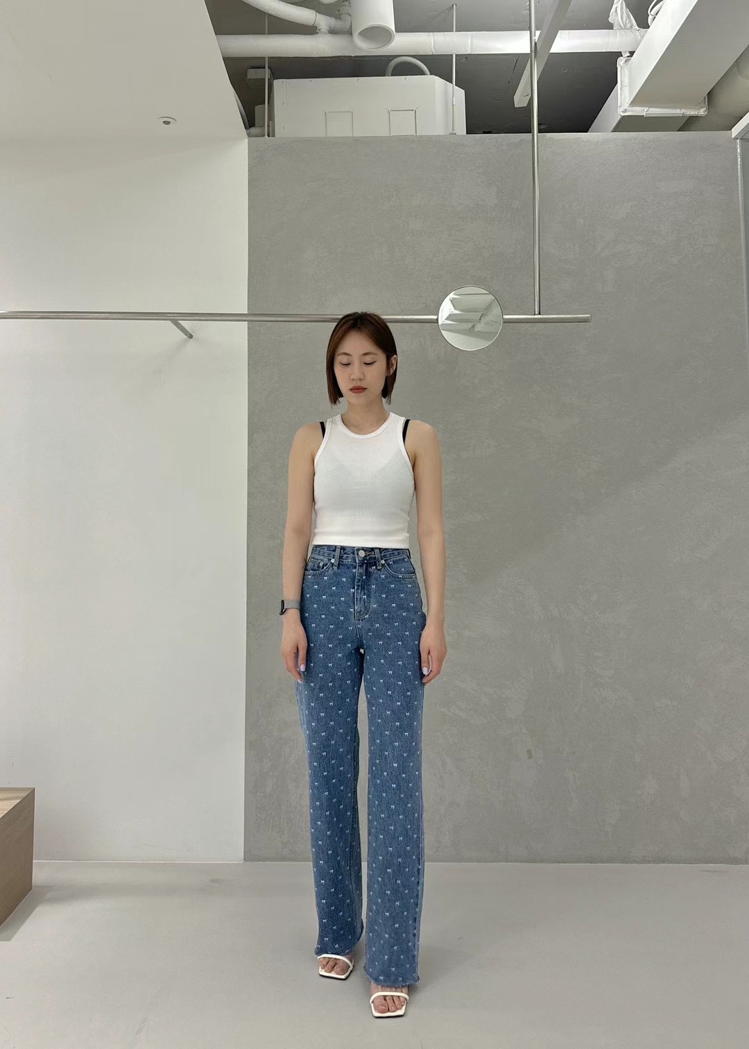 正韓水印蝴蝶結直筒牛仔褲