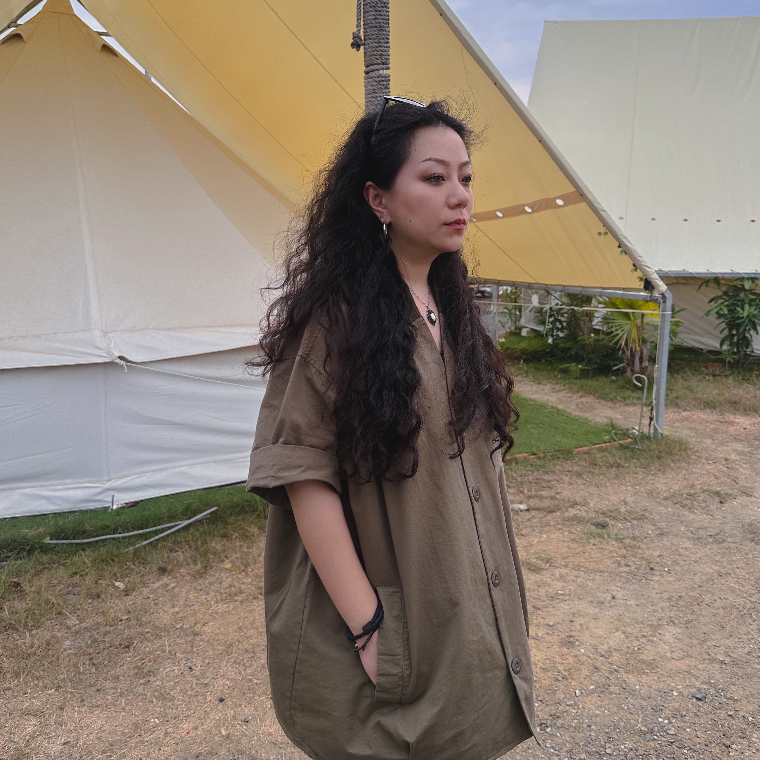 日系立領插袋短袖襯衫