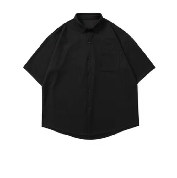爆款簡約純色華夫格短袖襯衫（黑色）【M-5XL碼】【下單後聯絡客服確認發貨尺碼】
