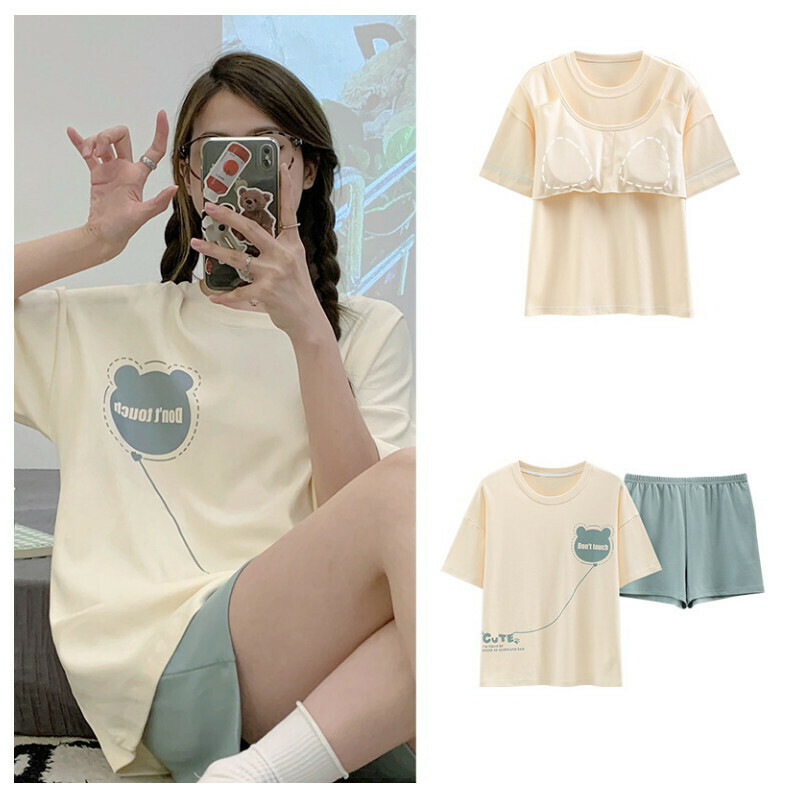 Cotton short-sleeved pajama set with chest pad [M-XXL AMSF-6209] [Contact customer service to confirm shipping size after placing an order]