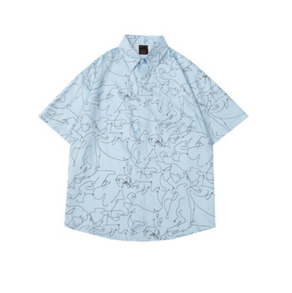 爆款夏季塗鴉滿印短袖襯衫（淺藍色）【M-2XL碼】【下單後聯絡客服確認發貨尺碼】