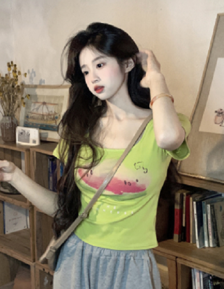 Square Neck Printed Short Sleeve T-Shirt (Green Watermelon) (Size: S-XL) (Contact customer service to confirm the shipping size after placing an order) 