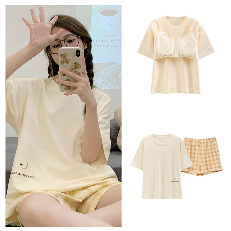 Cotton short-sleeved pajama set with chest pad [M-XXL SF-6203] [Contact customer service to confirm the shipping size after placing an order]
