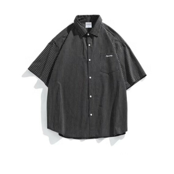 爆款復古豎條紋短袖襯衫（黑色）【M-2XL碼】【下單後聯絡客服確認發貨尺碼】