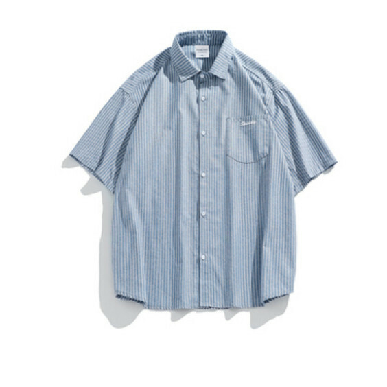 爆款復古豎條紋短袖襯衫（藍色）【M-2XL碼】【下單後聯絡客服確認發貨尺碼】