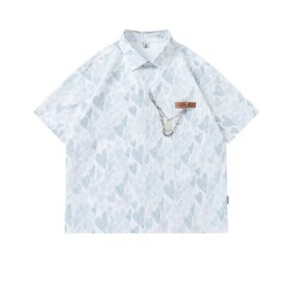 爆款原宿風愛心滿印短袖襯衫（灰色）【M-XL碼】【下單後聯絡客服確認發貨尺碼】