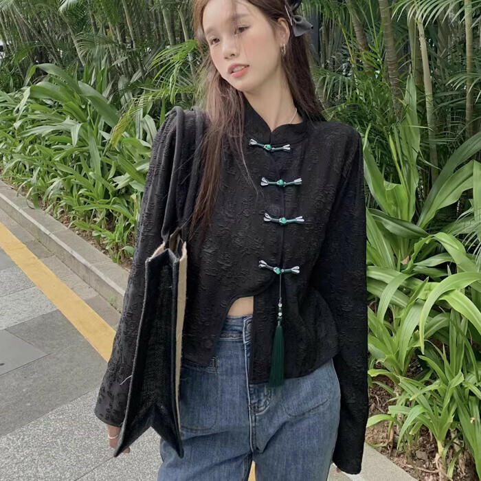 Hot Selling Chinese Button Long Sleeve Shirt (One Size) (Black)