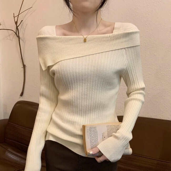Hot Selling One Shoulder Knitted Sweater (One Size) (Apricot)