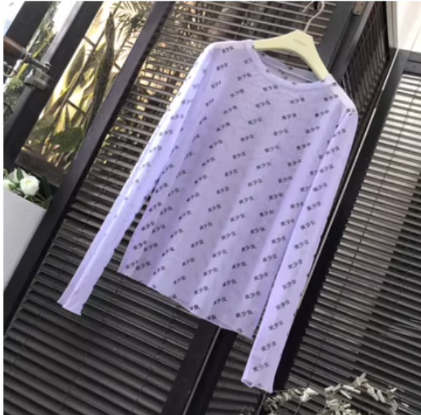 爆款冰絲防曬長袖網紗t恤印花打底衫(紫色美少女）（均碼）