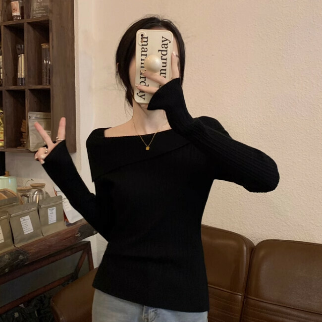 Hot Selling One Shoulder Knitted Sweater (One Size) (Black)