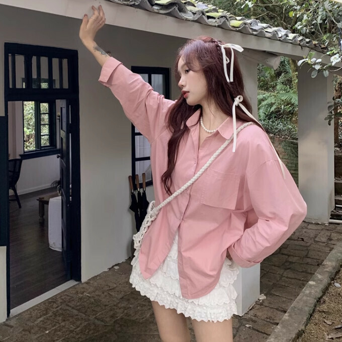 Hot selling Polo collar long-sleeved shirt (size S-L) (pink) (contact customer service after placing order to confirm delivery size)