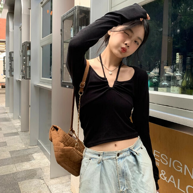 Hot Selling V Neck Long Sleeve T-Shirt (One Size) (Black)