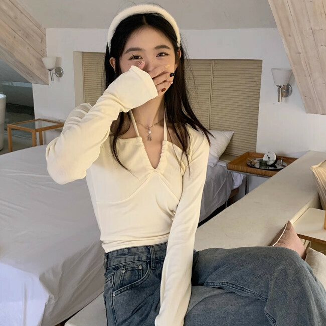 Hot selling V-neck long-sleeved T-shirt (one size fits all) (apricot)