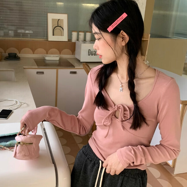 Hot Selling V Neck Long Sleeve T-Shirt (One Size) (Pink)