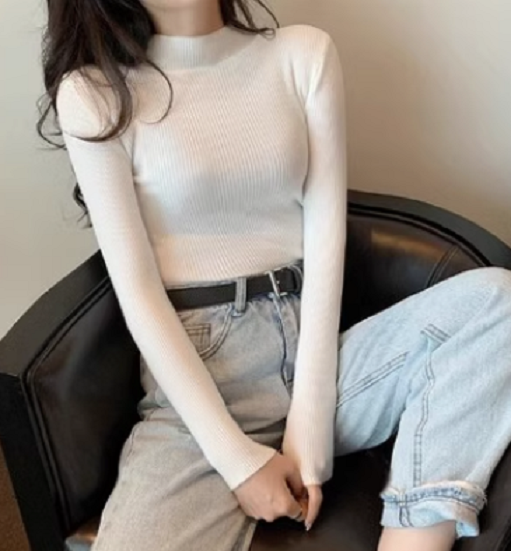 Layered Base Layer Slim Fit Turtleneck Knit Sweater (White) (Size: One Size)