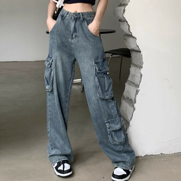 Hot selling wide-leg work jeans (size S-L) (blue) (contact customer service after placing order to confirm delivery size)
