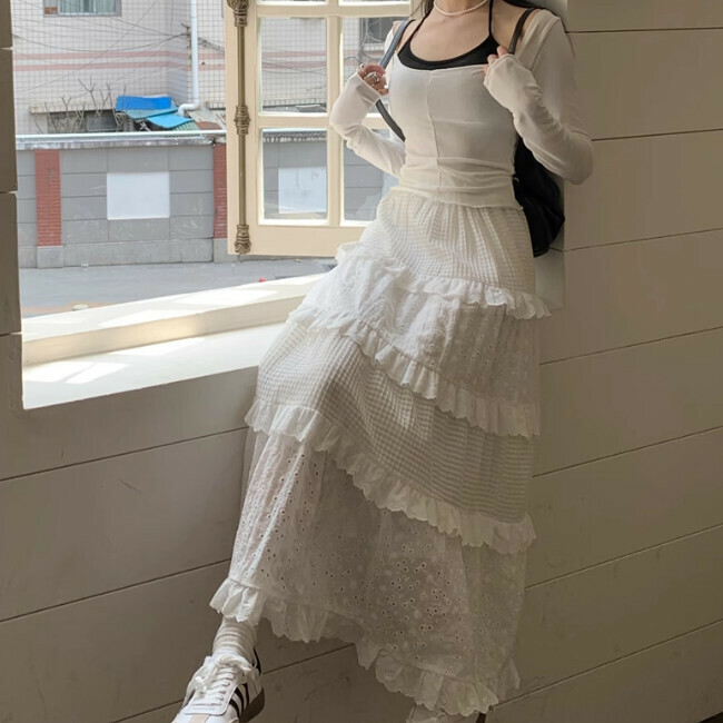 Hot selling hollow midi skirt (size S-L) (white) (contact customer service after placing order to confirm delivery size)