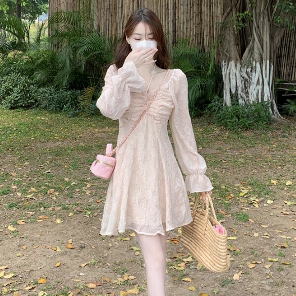 熱賣提花長袖連衣裙(均碼)(淺粉)