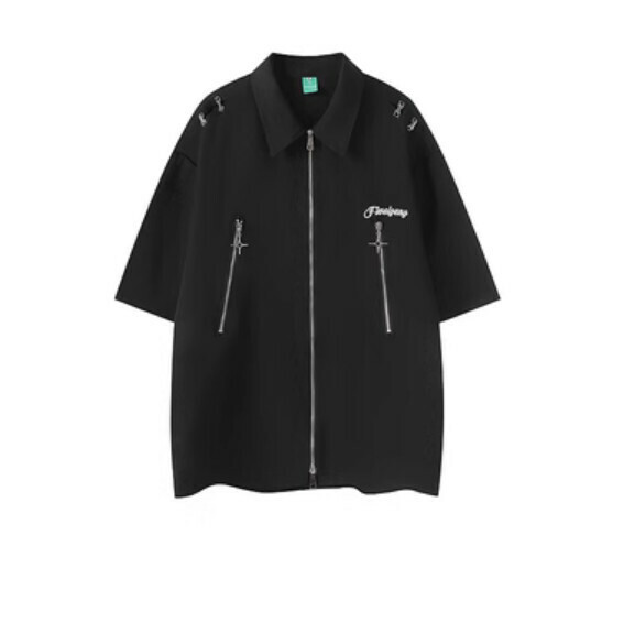 爆款複古拉鍊短袖襯衫(黑色)【M-XL碼】【下單後聯絡客服確認發貨尺碼】