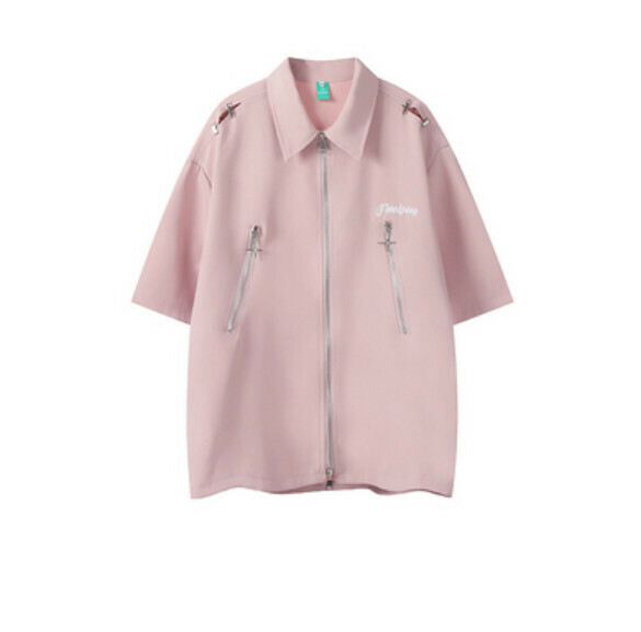 爆款複古拉鍊短袖襯衫(粉色)【M-XL碼】【下單後聯絡客服確認發貨尺碼】