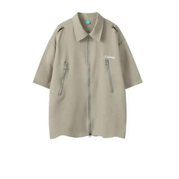 爆款複古拉鍊短袖襯衫(綠色)【M-XL碼】【下單後聯絡客服確認發貨尺碼】