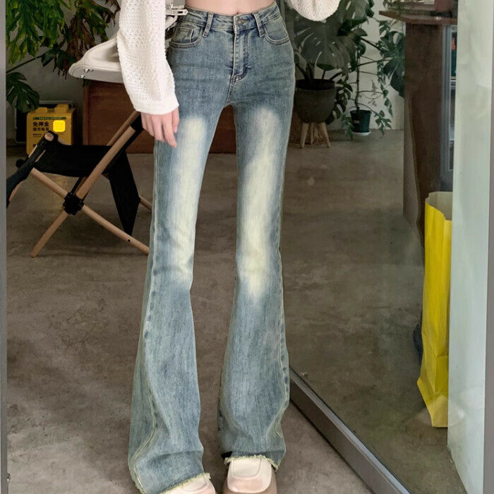 Hot selling washed denim bell bottoms (S-XL sizes) (distressed blue) (contact customer service after placing the order to confirm the delivery size)