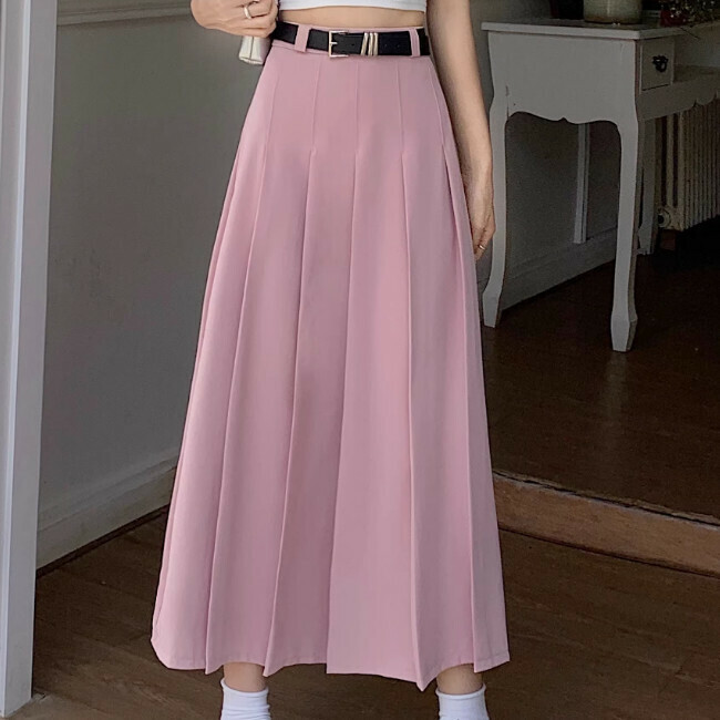 Hot selling solid color A-line pleated skirt (size S-XL) (pink) (contact customer service after placing the order to confirm the delivery size)