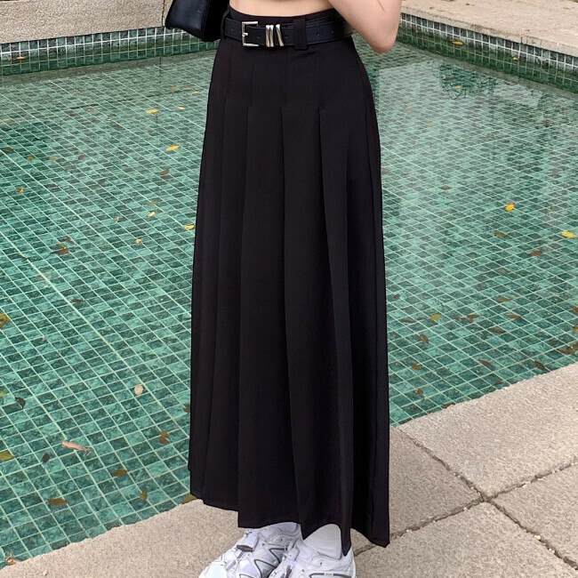 Hot selling solid color A-line pleated skirt (S-XL size) (black) (contact customer service after placing the order to confirm the delivery size)